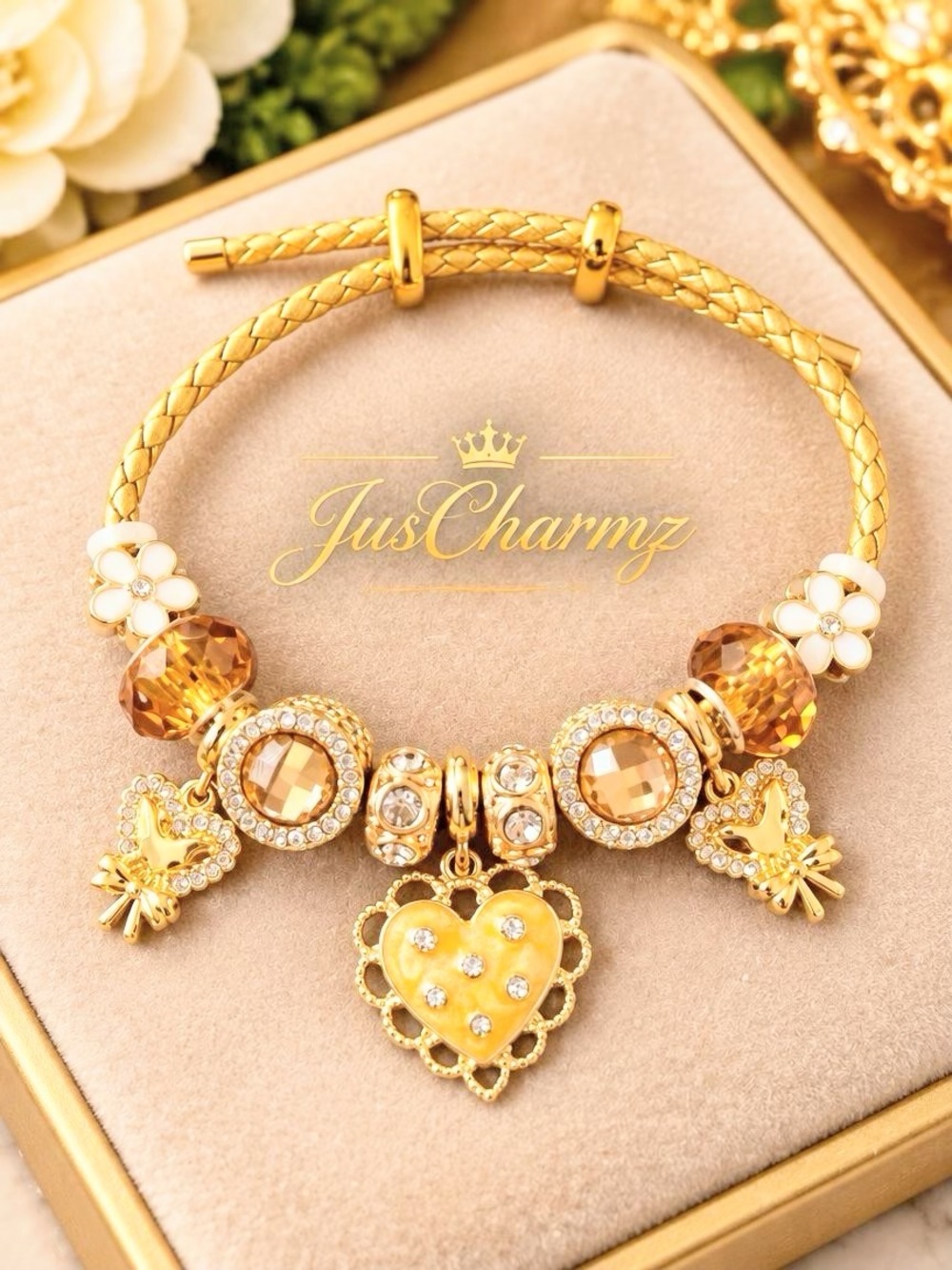 Gold Braided Yellow Heart & Floral Charm Bracelet